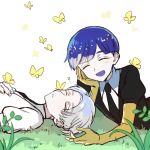  androgynous bangs blue_hair blunt_bangs bug butterfly cairngorm_(houseki_no_kuni) chin_rest closed_eyes gem_uniform_(houseki_no_kuni) golden_arms grass grey_hair happy houseki_no_kuni insect lying multiple_others necktie on_back on_stomach open_mouth phosphophyllite phosphophyllite_(ll) short_hair silver_hair sleeping smile spoilers thick_eyebrows tpi_ri white_background 