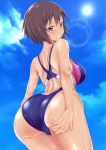  ass ass_grab azumanga_daiou bare_shoulders blue_sky blue_swimsuit blush breasts brown_eyes brown_hair cloud commentary competition_swimsuit day from_behind grabbing_own_ass highres kagura_(azumanga_daiou) large_breasts lens_flare looking_at_viewer looking_back one-piece_swimsuit one-piece_tan shiny shiny_hair shiny_skin short_hair shoulder_blades sky smile solo standing sun swimsuit tan tanline teeth wantsupanchi!! wet 