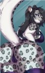  2018 anthro big_breasts big_butt blithedragon blue_eyes bodysuit breasts butt clothing eyewear feline female frionella glasses grey_hair hair hi_res leopard mammal on_glass raised_tail skinsuit snow_leopard solo tight_clothing voluptuous wallpaper 