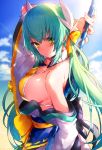  aqua_hair arm_up bare_shoulders beach bikini blush bow breasts closed_mouth cloud commentary_request day detached_collar eyebrows_visible_through_hair fate/grand_order fate_(series) hair_bow highres holding holding_weapon horns japanese_clothes kimono kiyohime_(fate/grand_order) kiyohime_(swimsuit_lancer)_(fate) large_breasts long_hair looking_at_viewer mika_pikazo polearm sky solo swimsuit weapon yellow_bikini yellow_eyes 