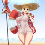  ahoge ass_visible_through_thighs beach blonde_hair blue_sky breasts cosplay day fate/extra fate_(series) green_eyes hair_intakes hat innertube jadf large_breasts legs_together looking_at_viewer navel nero_claudius_(fate) nero_claudius_(fate)_(all) nipples no_panties ocean open_mouth outdoors pussy sand see-through shiny shiny_hair shiny_skin shirt short_hair sky smile solo straw_hat sun_hat t-shirt tamamo_(fate)_(all) tamamo_no_mae_(swimsuit_lancer)_(fate) tamamo_no_mae_(swimsuit_lancer)_(fate)_(cosplay) thigh_gap umbrella uncensored white_shirt 