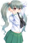  anchovy arms_up bangs black_neckwear blush closed_mouth commentary_request eyebrows_visible_through_hair girls_und_panzer green_hair green_skirt hair_between_eyes long_sleeves midriff_peek miri_(ago550421) mouth_hold navel neckerchief ooarai_school_uniform pleated_skirt red_eyes sailor_collar school_uniform serafuku shirt simple_background skirt solo tying_hair white_background white_sailor_collar white_shirt 