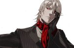  antonio_salieri_(fate/grand_order) black_gloves chin_rest closed_mouth cravat fate/grand_order fate_(series) formal gloves looking_at_viewer male_focus pako pinstripe_pattern pinstripe_suit red_eyes silver_hair simple_background solo striped suit upper_body white_background 