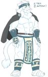  2018 anthro clothing coat cosplay feline fur horkeukamui japanese_text kemono lion loincloth looking_at_viewer male mammal manzanaringopai muscular muscular_male snow_(tas) text tokyo_afterschool_summoners white_fur 