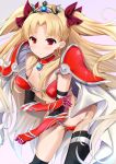  armor asymmetrical_legwear bangs bikini bikini_armor black_legwear blonde_hair blush bow breasts cape choker closed_mouth commentary_request cosplay earrings elizabeth_bathory_(brave)_(fate) elizabeth_bathory_(brave)_(fate)_(cosplay) elizabeth_bathory_(fate)_(all) ereshkigal_(fate/grand_order) eyebrows_visible_through_hair fate/grand_order fate_(series) gradient gradient_background grey_background hair_bow highres jewelry ko_yu long_hair looking_at_viewer over-kneehighs oversized_clothes parted_bangs pauldrons purple_background purple_bow red_armor red_bikini red_choker red_eyes silver_trim single_over-kneehigh single_thighhigh small_breasts solo string_bikini sweat swimsuit thighhighs tiara two_side_up vambraces very_long_hair wardrobe_malfunction white_cape 