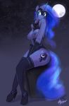  2016 absurd_res anthro areola armwear blue_areola blue_feathers breasts butt clothed clothing cosmic_hair cutie_mark elbow_gloves equine exposed_breasts feathered_wings feathers female fishnet fishnet_armwear fishnet_legwear footwear friendship_is_magic gloves hi_res high_heels horn legwear lingerie mammal moon mtcerber my_little_pony night nipple_piercing nipples outside piercing portrait princess_luna_(mlp) shoes signature sitting sky solo star starry_sky teal_eyes teeth winged_unicorn wings 