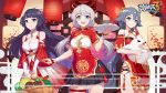  3girls bare_shoulders basket black_hair blue_eyes china_dress chinese_clothes detached_sleeves dress food fu_hua highres honkai_(series) honkai_impact_3 kiana_kaslana lantern long_hair low_ponytail multiple_girls official_art open_clothes purple_eyes raiden_mei short_twintails skirt tray twintails vegetable very_long_hair wristband 