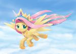  2018 alternate_hairstyle cloud costume crown cute cutie_mark equine eyelashes feathered_wings feathers female feral fluttershy_(mlp) flying friendship_is_magic hair hooves horn howxu looking_at_viewer mammal multicolored_hair my_little_pony nude outside pegasus pink_hair portrait signature sky smile solo sparkles teal_eyes wings yellow_feathers 