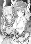  2girls arms_up assassins_pride breasts collarbone dress elise_angel eyebrows_visible_through_hair flower hair_between_eyes highres looking_down medium_breasts multiple_girls ninomoto novel_illustration official_art one_eye_closed open_mouth rose sarasha_sikzar shiny shiny_hair short_sleeves standing thorns 