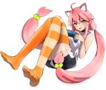  absurdres ahoge animal_ear_fluff animal_ears bike_shorts blue_eyes cat_ears choker commentary_request controller feet game_controller hair_bobbles hair_ornament highres hinata_channel kujuu_shikuro long_hair low_twintails mismatched_legwear nekomiya_hinata open_mouth orange_legwear pink_hair shorts simple_background smile solo striped striped_legwear twintails vest virtual_youtuber white_background white_vest 