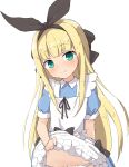  apron bangs black_bow black_ribbon blonde_hair blue_dress blush bow closed_mouth collared_dress dress dress_lift eyebrows_visible_through_hair green_eyes groin hair_bow hair_ribbon head_tilt highres lifted_by_self long_hair looking_at_viewer maid_apron mononobe_alice nijisanji panties puffy_short_sleeves puffy_sleeves ribbon short_sleeves simple_background smile solo underwear very_long_hair virtual_youtuber white_apron white_background white_panties yakihebi 