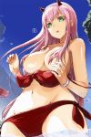  bangs bare_shoulders bikini blue_sky blush bracelet breasts commentary cowboy_shot darling_in_the_franxx day eyebrows_visible_through_hair eyeliner from_below front-tie_bikini front-tie_top green_eyes hair_censor hair_over_breasts hairband horns jewelry large_breasts long_hair makeup navel parted_lips pink_hair red_bikini side-tie_bikini sidelocks sky solo swimsuit tea_(nakenashi) wading wardrobe_malfunction zero_two_(darling_in_the_franxx) 
