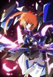  armor armored_dress bangs black_gloves blue_eyes boots brown_hair bygddd5 commentary dress energy_weapon eyebrows_visible_through_hair foreshortening fortress_(nanoha) gloves glowing_feather hair_ribbon highres holding long_dress long_sleeves looking_at_viewer lyrical_nanoha magical_girl mahou_shoujo_lyrical_nanoha_the_movie_3rd:_reflection open_mouth raising_heart ribbon short_hair solo strike_cannon takamachi_nanoha twintails white_dress white_footwear white_ribbon 
