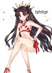 asle bangs bare_shoulders bikini black_bow bow bracelet brown_hair character_name collarbone commentary_request cosplay criss-cross_halter earrings eyebrows_visible_through_hair fate/grand_order fate_(series) flying_sweatdrops hair_bow halterneck high_heels hoop_earrings ishtar_(fate/grand_order) jewelry long_hair long_legs looking_at_viewer navel nero_claudius_(fate)_(all) nero_claudius_(swimsuit_caster)_(fate) nero_claudius_(swimsuit_caster)_(fate)_(cosplay) parted_bangs red_eyes side-tie_bikini simple_background sitting solo star striped striped_bikini swimsuit tiara two_side_up very_long_hair white_background 