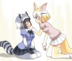  animal_ear_fluff animal_ears bangs black_hair black_neckwear blonde_hair blouse blue_blouse blush bow bowtie brown_eyes chin_grab clenched_hand closed_mouth common_raccoon_(kemono_friends) elbow_gloves extra_ears eyebrows_visible_through_hair fennec_(kemono_friends) fox_ears fox_tail from_side frown fur_collar gloves grey_hair grey_legwear hand_on_another's_chin hand_on_lap kemono_friends kneeling leaning_forward looking_at_another multicolored_hair multiple_girls open_mouth pantyhose pink_sweater pleated_skirt puffy_short_sleeves puffy_sleeves raccoon_ears raccoon_tail shadow short_hair short_sleeves sitting skirt smile striped_tail sweatdrop sweater tail thighhighs umekichi wavy_mouth white_skirt yellow_legwear yokozuwari yuri 