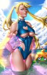  1girl arms_behind_back bare_shoulders bird blonde_hair blue_eyes blue_leotard blue_swimsuit breasts cleavage cleavage_cutout cloud covered_navel deviantart_username edwin_disla floatation_devices heart_cutout highres leotard looking_at_viewer mask mask_removed muscle muscular_female outdoors partially_submerged rainbow_mika sky sleeveless street_fighter sweatdrop swimsuit thighs twintails underboob water wrestling_outfit 