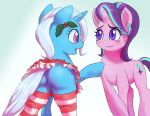  2017 blue_hair blush butt christmas clothed clothing cute cutie_mark duo equine eyebrows eyelashes female feral friendship_is_magic grin hair holidays holly_(plant) hooves horn legwear mammal multicolored_hair my_little_pony nervous nude open_mouth open_smile plant purple_eyes purple_hair raikoh-illust rear_view simple_background skirt smile standing starlight_glimmer_(mlp) stockings striped_legwear striped_stockings stripes sweat teeth thigh_highs trixie_(mlp) two_tone_hair unicorn 