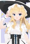  alternate_eye_color apron arm_at_side arm_up bangs black_skirt blonde_hair blue_background blue_eyes braid detached_collar eyebrows_visible_through_hair hair_between_eyes hair_ribbon hand_to_forehead hat hat_ribbon highres kirisame_marisa long_hair looking_at_viewer open_mouth puffy_short_sleeves puffy_sleeves ribbon ribbon-trimmed_sleeves ribbon_trim shirt short_sleeves simple_background single_braid skirt solo star tosakaoil touhou tress_ribbon underbust upper_body waist_apron white_shirt witch_hat wrist_cuffs 