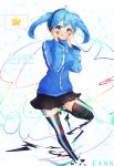  :q :t black_skirt blue_eyes blue_hair blue_jacket blush breasts character_name digital_dissolve ene_(kagerou_project) esanano facial_mark full_body hands_on_own_cheeks hands_on_own_face headphones highres jacket kagerou_project leg_up long_sleeves medium_breasts medium_hair miniskirt signature skirt smile solo spoken_star thighhighs tongue tongue_out track_jacket twintails zipper 
