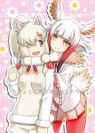  alpaca_ears alpaca_suri_(kemono_friends) animal_ear_fluff animal_ears bird_tail black_eyes brown_eyes closed_mouth commentary_request cover cover_page doujin_cover eyebrows_visible_through_hair floral_background frilled_sleeves frills fur-trimmed_sleeves fur_collar fur_trim gloves gradient_hair hair_over_one_eye hands_on_another's_shoulders head_wings horizontal_pupils japanese_crested_ibis_(kemono_friends) kemono_friends looking_at_another looking_back miniskirt multicolored_hair multiple_girls neck_ribbon pantyhose pink_skirt pleated_skirt red_gloves red_hair red_legwear red_ribbon ribbon shirt shorts skirt smile standing sweater translated umekichi v-neck white_hair white_shirt white_shorts white_sweater wide_sleeves yellow_eyes 