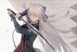  arm_guards border dark_skin fate/grand_order fate_(series) grey_eyes hair_between_eyes hair_ornament highres holding holding_sword holding_weapon katana long_hair looking_at_viewer looking_back okita_souji_(alter)_(fate) okita_souji_(fate)_(all) qingshui_ai solo sword very_long_hair weapon white_hair 