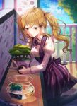  absurdres ahoge bad_id bad_pixiv_id bang_dream! bangs black_legwear blonde_hair bonsai brown_eyes chin_rest collared_shirt day dress fish fishbowl goldfish hair_ornament half-closed_eyes highres ichigaya_arisa juliet_sleeves light_brown_hair long_sleeves neck_ribbon outdoors pantyhose pinafore_dress puffy_sleeves railing ribbon scissors shirt sidelocks smile solo striped striped_legwear tokkyu_(user_mwwe3558) twintails vertical-striped_dress vertical_stripes wallpaper_(object) wooden_floor x_hair_ornament yellow_eyes 