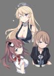  :d bad_id bad_pixiv_id bare_shoulders blonde_hair blue_eyes breasts brown_hair cleavage cnm collarbone dress front-tie_top grey_background hair_between_eyes highres intrepid_(kantai_collection) iowa_(kantai_collection) kantai_collection large_breasts light_blush long_hair multiple_girls one_eye_closed open_mouth parted_lips ponytail saratoga_(kantai_collection) short_hair short_sleeves side_ponytail simple_background smile star star-shaped_pupils symbol-shaped_pupils white_dress 