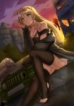  absurdres ass bangs bare_shoulders black_legwear blonde_hair blue_eyes blush braid breasts car cleavage closed_mouth cloud cloudy_sky coat collarbone commentary_request earrings elbow_on_knee elbow_rest evening eyebrows_visible_through_hair girls_frontline ground_vehicle hair_ornament hairclip head_on_hand highres jeep_wrangler jewelry k5_(girls_frontline) knee_up large_breasts light_smile long_hair looking_at_viewer motor_vehicle off_shoulder open_clothes open_coat outdoors shoulder_cutout sidelocks sitting skindentation sky smile solo teruru_(pixiv_6148103) thighhighs thighs wreckage 