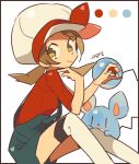  auko border bow brown_hair cabbie_hat closed_mouth color_guide from_side gen_2_pokemon hat hat_bow holding holding_poke_ball kotone_(pokemon) looking_at_viewer marill over-kneehighs overalls poke_ball poke_ball_(generic) pokemon pokemon_(creature) pokemon_(game) pokemon_hgss red_bow red_shirt shirt signature simple_background smile thighhighs twintails white_background white_hat white_legwear yellow_eyes 