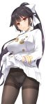 &gt;:&lt; ass_visible_through_thighs azur_lane black_hair bow breasts brown_eyes brown_legwear commentary_request contrapposto cowboy_shot gloves gusset hair_bow hair_flaps half_gloves high_ponytail large_breasts long_hair military military_uniform nakajima_yuka panties panties_under_pantyhose pantyhose pleated_skirt simple_background skirt skirt_lift solo standing string_panties takao_(azur_lane) thighband_pantyhose underwear uniform v-shaped_eyebrows very_long_hair white_gloves 