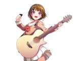  :d acoustic_guitar bang_dream! bangs blush bow bowtie brown_hair commentary_request guitar hair_ornament hairclip hiroki_(yyqw7151) holding holding_instrument instrument long_sleeves music open_mouth playing_instrument pleated_skirt plectrum purple_eyes red_neckwear round_teeth school_uniform serafuku short_hair simple_background skirt smile solo teeth toyama_asuka upper_teeth white_background white_skirt 