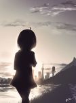  ahoge backlighting bridge building city cloud from_behind grass lake miniskirt mountain original raayu_(0u_rayu) silhouette skirt sky skyscraper solo star_(sky) starry_sky sunlight sunset tower twitter_username 