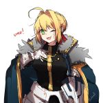 ahoge bangs black_shirt blonde_hair blue_cape braid breasts cape commentary_request cosplay excalibur_galatine eyebrows_visible_through_hair fate/extra fate/grand_order fate_(series) faulds french_braid fur-trimmed_cape fur_trim gauntlets gawain_(fate/grand_order) gawain_(fate/grand_order)_(cosplay) green_eyes hair_bun hair_intakes hair_ribbon hand_on_own_chest highres hime_(himeyn) large_breasts looking_at_viewer nero_claudius_(fate) nero_claudius_(fate)_(all) one_eye_closed open_mouth red_ribbon ribbon shirt simple_background smile solo sword weapon white_background 