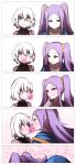  5koma :p :t absurdres bad_id bad_twitter_id bangs bare_shoulders black_shirt bubble_blowing chewing_gum chinese_clothes closed_mouth collarbone comic commentary_request eye_contact eyebrows_visible_through_hair facial_scar fate/grand_order fate_(series) finger_to_mouth forehead green_eyes hair_between_eyes hair_ornament hair_scrunchie hanfu heart highres jack_the_ripper_(fate/apocrypha) looking_at_another multiple_girls parted_bangs parted_lips pink_hair purple_hair scar scar_across_eye scar_on_cheek scrunchie shirt shoulder_grab shoulder_tattoo silent_comic silver_hair sleeveless sleeveless_shirt smile surprised tattoo tongue tongue_out wada_kazu wavy_mouth wu_zetian_(fate/grand_order) yellow_scrunchie yuri 