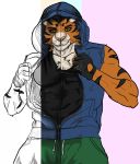  2018 anthro biceps clothed clothing digital_drawing_(artwork) digital_media_(artwork) feline front_view gloves hi_res lupelongo male mammal muscular muscular_male nipples pecs simple_background solo tiger 