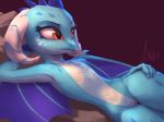  2018 4_fingers blue_scales claws digital_media_(artwork) digital_painting_(artwork) dragon eyebrows eyelashes female friendship_is_magic hand_behind_head hand_on_hip horn lying membranous_wings my_little_pony nude orange_eyes portrait pose princess_ember_(mlp) purple_background raikoh-illust scales scalie shadow signature simple_background smile solo wings 