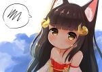  animal_ears azur_lane bangs bare_shoulders blush brown_eyes brown_hair closed_mouth collarbone commentary_request curled_horns detached_sleeves dress eyebrows_visible_through_hair horns long_hair looking_at_viewer nagato_(azur_lane) neko_miyabi_(artist) red_dress solo spoken_squiggle squiggle strapless strapless_dress very_long_hair water white_background 