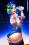  1girl absurdres ass bare_shoulders blue_eyes blue_hair bottle breast_hold breasts cowboy_shot curvy earth-chan female from_side highres huge_ass large_breasts looking_at_viewer looking_back lord_dominik naughty_face open_mouth shiny shiny_hair shiny_skin shirt short_hair short_shorts shorts sideboob solo thick_thighs thighhighs tongue tongue_out underboob water wet wet_clothes 