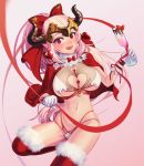  :d aliza_(granblue_fantasy) alternate_costume arumakan blush breasts capelet cleavage cleavage_cutout commentary_request cup draph drinking_glass earrings fur-trimmed_capelet fur-trimmed_legwear fur_trim gloves granblue_fantasy heart heart-shaped_lock heart_earrings highres holding holding_cup horns jewelry large_breasts long_hair midriff navel open_mouth pink_hair ponytail red_capelet red_eyes red_legwear red_ribbon ribbon smile solo thighhighs underboob very_long_hair white_gloves 