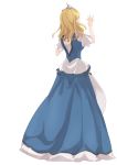  absurdres alternate_hairstyle blonde_hair blue_dress dress frilled_sleeves frills from_behind full_body hand_up highres komiyama_(user_ycnc3474) long_hair love_live! love_live!_sunshine!! medium_hair ohara_mari short_sleeves simple_background solo textless tiara water_blue_new_world white_background 