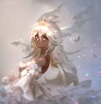 commentary_request dansearl dark_skin detached_sleeves dragon dress granblue_fantasy light_blush light_smile long_hair looking_at_viewer looking_to_the_side mini_dragon petals red_eyes silver_hair solo strapless strapless_dress tiara wedding_dress white_dress zooey_(granblue_fantasy) 