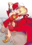  :d aestus_estus ahoge armored_boots ass blonde_hair boots breasts cleavage dress epaulettes fate/extra fate_(series) green_eyes looking_at_viewer nero_claudius_(fate) nero_claudius_(fate)_(all) nilitsu open_mouth smile solo sword weapon 