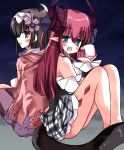  aqua_eyes back-to-back bare_shoulders black_hair brown_eyes commentary_request crescent_moon cup curled_horns elizabeth_bathory_(fate) elizabeth_bathory_(fate)_(all) fate/grand_order fate_(series) hairband holding holding_cup long_hair moon multiple_girls night night_sky open_mouth osakabe-hime_(fate/grand_order) pink_eyes pink_hair pixiv_fate/grand_order_contest_2 pointy_ears purple_hairband purple_legwear ruugaruu sitting sky star_(sky) tail 