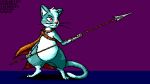  ambiguous_gender cape cat clothing digital_media_(artwork) emenius feline flygon_(artist) holding_object holding_weapon mammal melee_weapon pixel_(artwork) polearm red_eyes solo spear weapon 