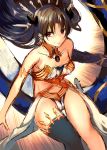  absurdres armlet bare_shoulders black_hair black_legwear black_ribbon breasts closed_mouth collarbone earrings eyebrows_visible_through_hair fate/grand_order fate_(series) floating_hair hair_ribbon heavenly_boat_maanna highres hoop_earrings ishtar_(fate/grand_order) jewelry long_hair long_sleeves red_eyes ribbon single_sleeve single_thighhigh sketch small_breasts smile solo sukemyon thigh_gap thighhighs thighs 