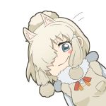  alpaca_ears alpaca_suri_(kemono_friends) animal_ears bangs blonde_hair blue_eyes blush_stickers breast_pocket closed_mouth commentary_request extra_ears eyebrows_visible_through_hair fur_scarf hair_over_one_eye horizontal_pupils kemono_friends leaning_to_the_side long_sleeves looking_at_viewer medium_hair motion_lines platinum_blonde_hair pocket scarf simple_background smile solo sweater thin_(suzuneya) upper_body white_background 