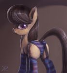  2018 black_hair butt clothed clothing cutie_mark dock earth_pony equine female feral friendship_is_magic grey_background hair hi_res hooves horse legwear long_hair looking_at_viewer looking_back mammal my_little_pony octavia_(mlp) panties pony portrait purple_eyes raikoh-illust rear_view simple_background socks solo standing striped_legwear striped_socks stripes thigh_highs underwear 