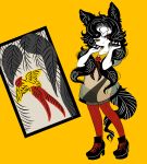  animal_ears black_hair closed_mouth commentary dress grey_dress hands_in_hair high_heels imaizumi_kagerou laces long_hair neckerchief pantyhose red_eyes red_legwear smile solo tail touhou wolf_ears wolf_tail yt_(wai-tei) 