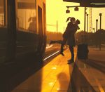  1girl coat ground_vehicle hug long_hair long_sleeves luggage original pants ponytail railroad_tracks shadow snatti standing sunset train train_station yellow_sky 