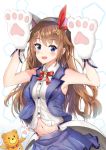  animal_ears blue_eyes bow brown_hair cat_ears commentary_request fang gloves hair_ornament highres jacket long_hair looking_at_viewer navel open_mouth paw_gloves paws skirt star star_hair_ornament stuffed_toy synn032 tokino_sora tokino_sora_channel virtual_youtuber white_background 